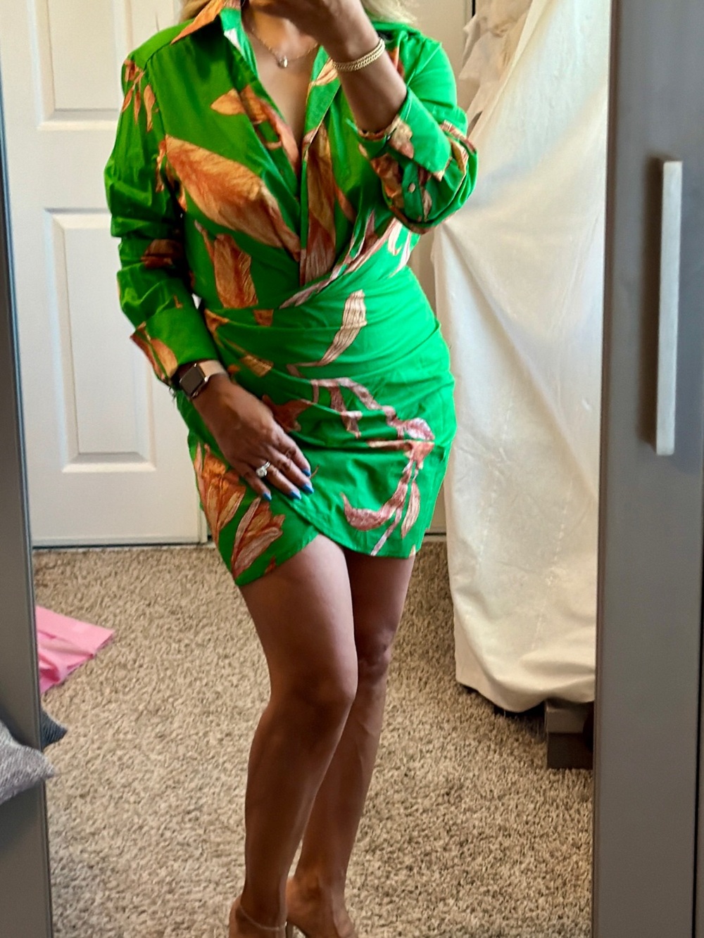 Luxxel Green Mini Wrap Dress with Orange Leaf Pattern